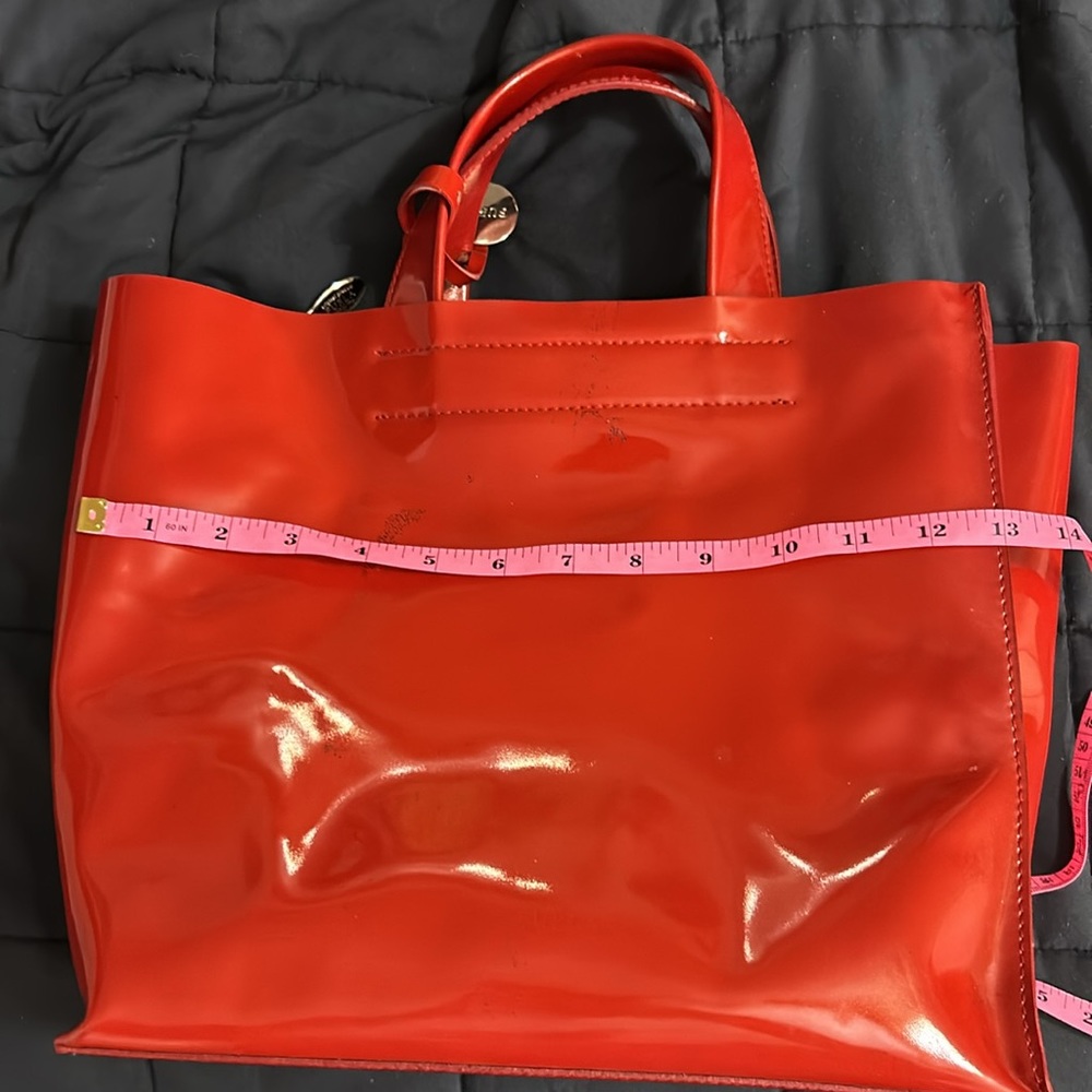 Furla Red Patent Leather Structured Divide It Tote Bag Silver Logo Charm - Picture 10 of 16